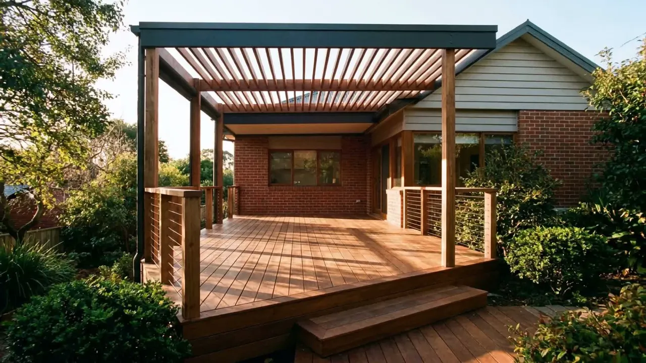 Custom timber pergola over a Merbau deck at a Melbourne home in golden-hour light